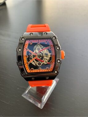 Luxury Tonneau Skeleton Automatic Watch Orange Strap Richard Mille Style